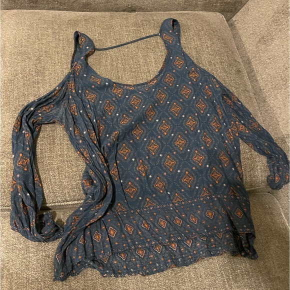 TORRID PLUS SIZE 2 GEO PRINT GAUZE COLD SHOULDER BLOUSE INDIGO BLUE & ORANGE TOP - Picture 4 of 6